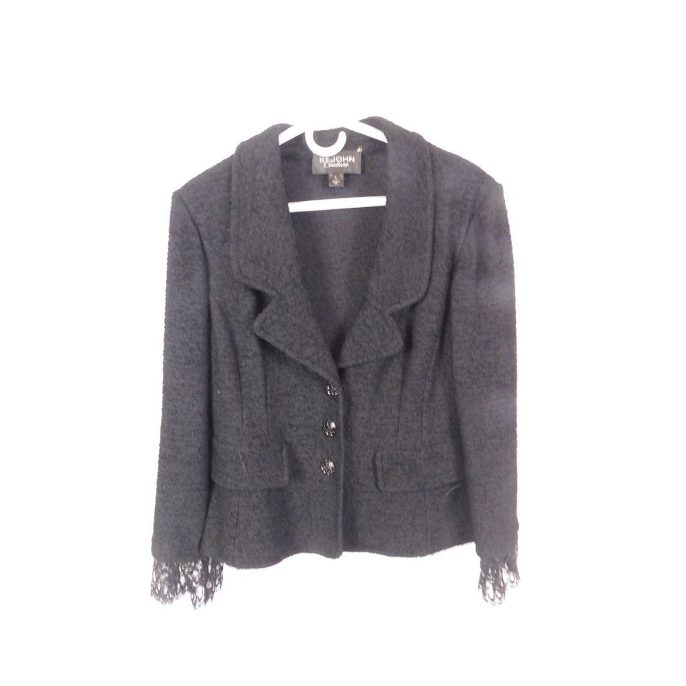 St. John Couture Black Blazer Evening Jeweled Button Lace Cuff Wool Blend 12 - Picture 3 of 5